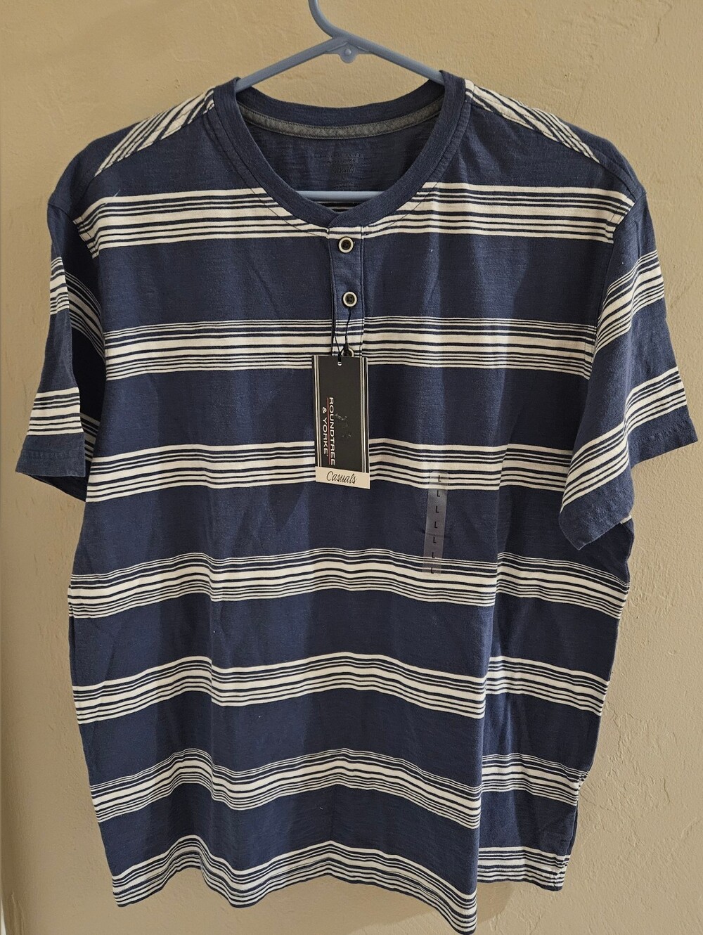 Vintage Y2K Blue White Striped 100% Cotton Henley 2000s Large NWT